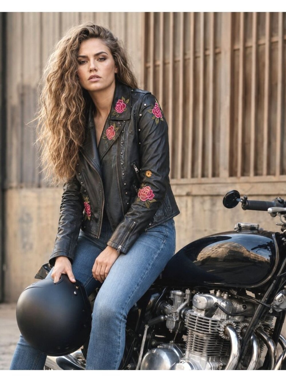 Hippie Laundry Large Black Faux Leather Moto Jacket Floral Embroidered Boho Edgy